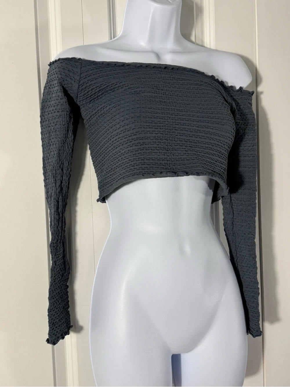 Free People Charcoal Off-the-Shoulder Long Sleeve Crop Top